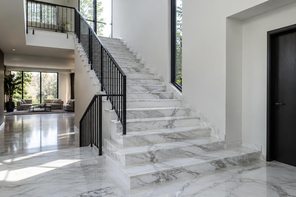 Escalier en marbre blanc aux veines grises